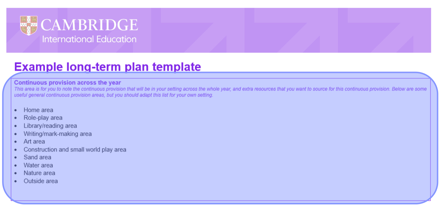 Long-term planning template with continuous provision section highlighted.