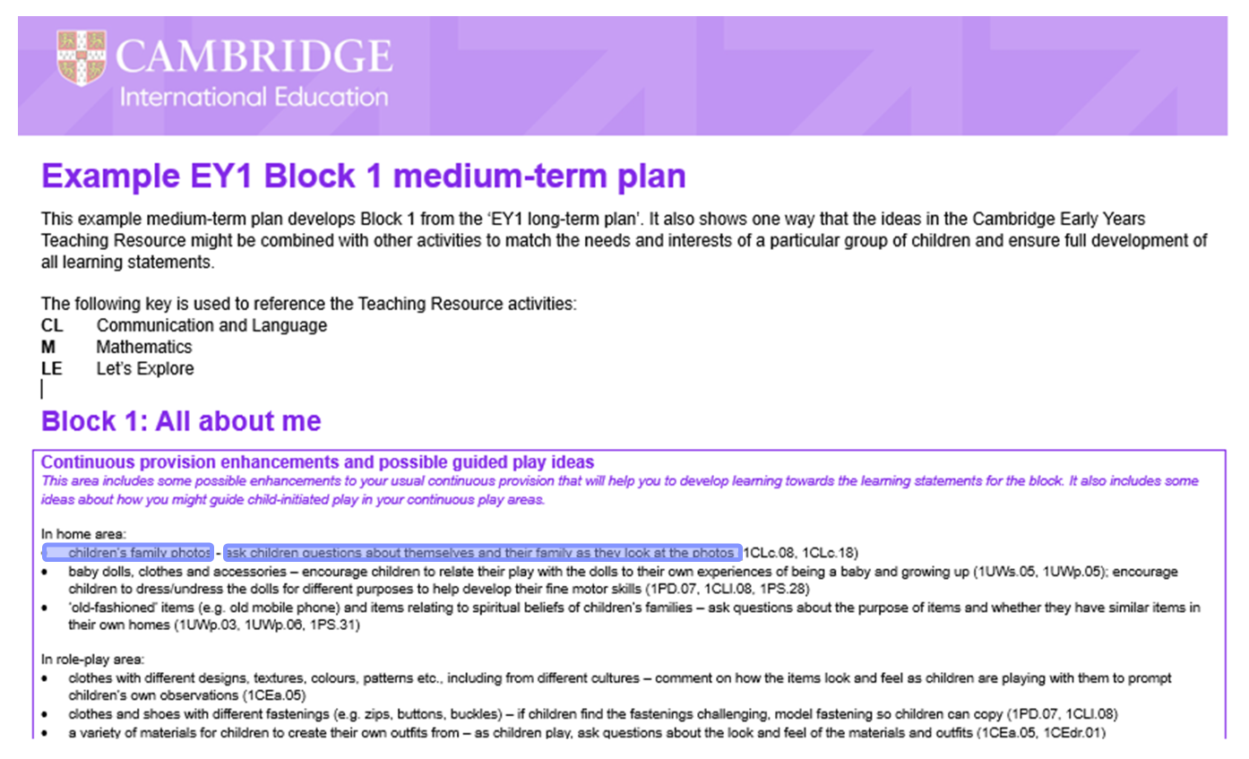 Extract from EY1 Block 1 MTP page 1 with continuous provision enhancements, guided play, LS links highlighted