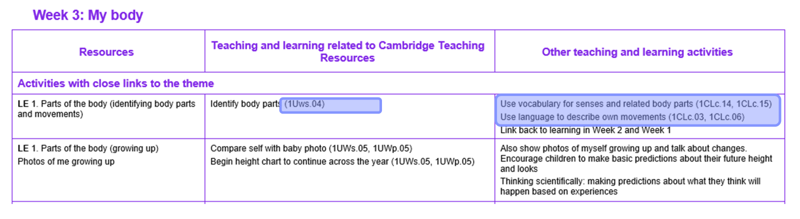 The first 4 rows of Week 3 on the MTP page 7 with the learning statements in row 1 highlighted to show how curriculum areas (