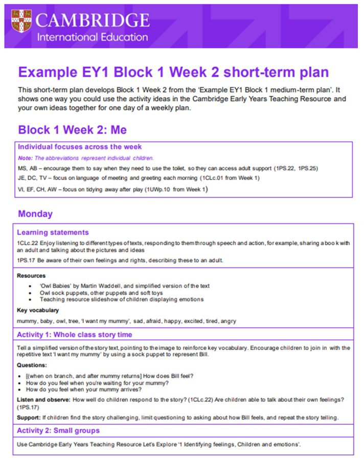 Example EY1 Block 1 Week 2 short-term plan