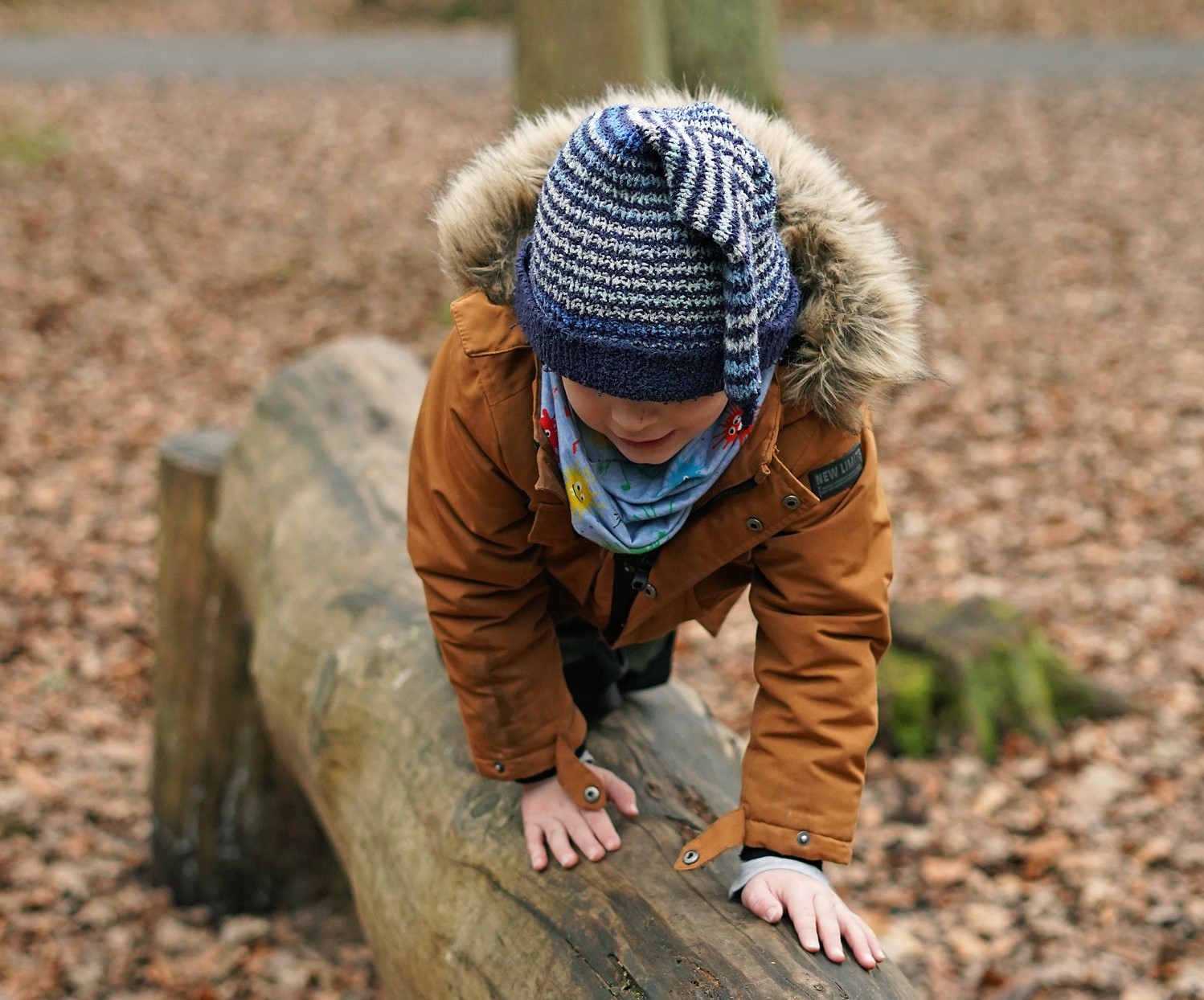 Child crawling along a log without supervision