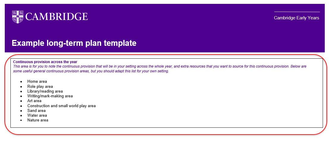 Extract from Long-term plan template page 1 with continuous provision box highlighted.