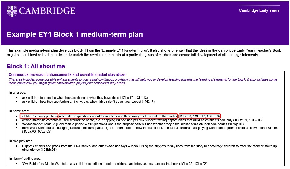 Extract from Example EY1 Block 1 medium-term plan