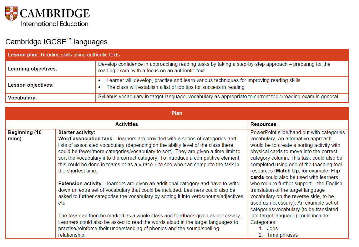 reading lesson plan